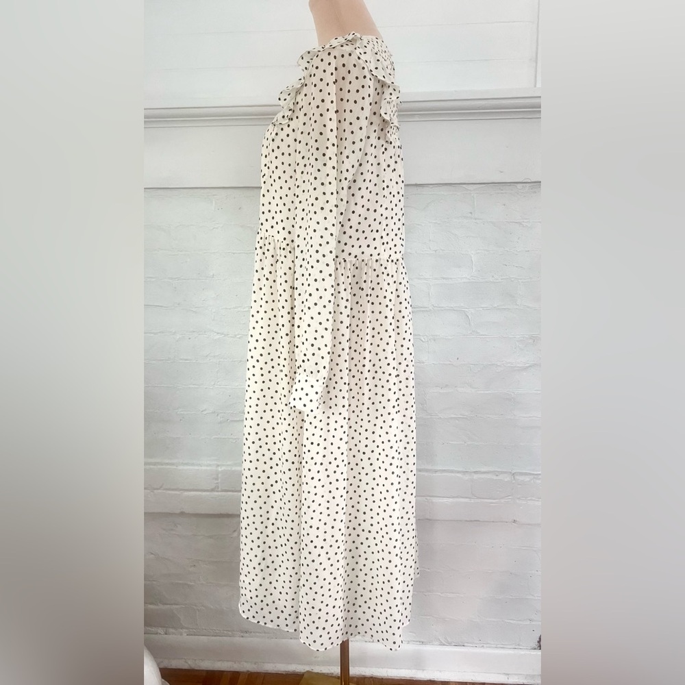 Madewell Smocked Ruffle-Shoulder Midi Dress Inkbrush Dots Cream Black Polka Dot - Picture 7 of 13